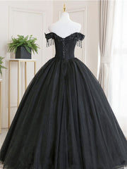 Black Tulle Off Shoulder Lace Long Corset Prom Dress, Black Evening Dress outfit, Black Tie Wedding Guest Dress