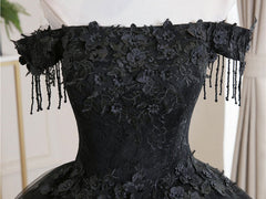 Black Tulle Off Shoulder Lace Long Corset Prom Dress, Black Evening Dress outfit, Ethereal Dress