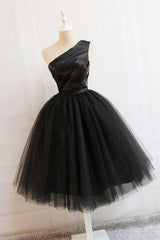 Black Tulle One Shoulder Elegant Tea Length Party Dress, Black Corset Formal Dress outfit, Homecoming Dresses Black
