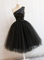 Black Tulle One Shoulder Elegant Tea Length Party Dress, Black Corset Formal Dress outfit, Homecoming Dresses Sparkles