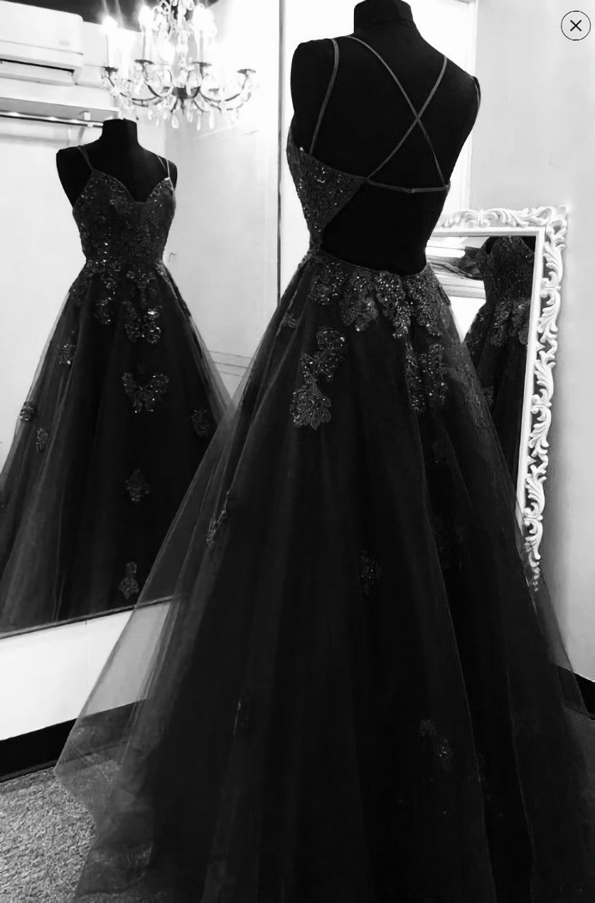 Black Tulle Open Back Corset Prom Dress A-line Corset Formal Dresses L