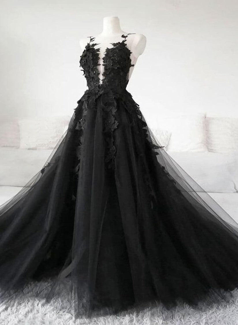Black Tulle Party Dress with Lace Long Corset Prom Dress, Pretty Black Evening Dress outfit, Evening Dress With Sleeves Uk