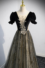 Black Tulle Sequins Long Corset Prom Dress, Black A-Line Corset Formal Evening Dress outfit, Homecomeing Dresses Vintage