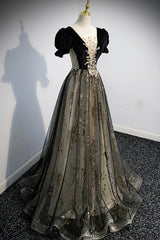 Black Tulle Sequins Long Corset Prom Dress, Black A-Line Corset Formal Evening Dress outfit, Homecomming Dresses Vintage