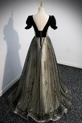 Black Tulle Sequins Long Corset Prom Dress, Black A-Line Corset Formal Evening Dress outfit, Homecomming Dress Vintage