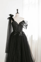 Black Tulle Sequins Long Corset Prom Dress, Black One Shoulder Evening Dress outfit, Homecomming Dresses Long