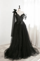Black Tulle Sequins Long Corset Prom Dress, Black One Shoulder Evening Dress outfit, Homecomeing Dresses Long