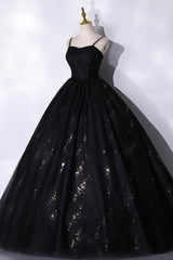Black Tulle Sequins Long Corset Prom Dress, Black Spaghetti Straps Evening Dress outfit, Prom Dress Inspo