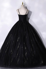 Black Tulle Sequins Long Corset Prom Dress, Black Spaghetti Straps Evening Dress outfit, Prom Dresses Different