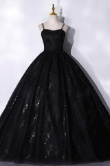Black Tulle Sequins Long Corset Prom Dress, Black Spaghetti Straps Evening Dress outfit, Prom Dresses Princess
