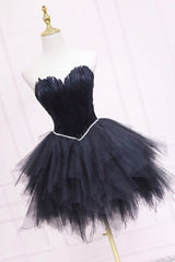 Black Tulle Short Corset Prom Dress with Feather, A-Line Sweetheart Neckline Party Dress Outfits, Club Outfit For Women