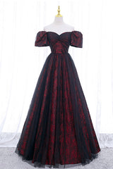 Black Tulle Short Sleeve Corset Formal Evening Dress, Off the Shoulder Corset Prom Dress outfits, Formal Dresses Floral