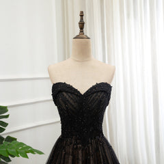 Black Tulle Sweetheart A-line Corset Formal Dress with Lace, Black Long Corset Prom Dress outfits, Party Dresses Short Tight