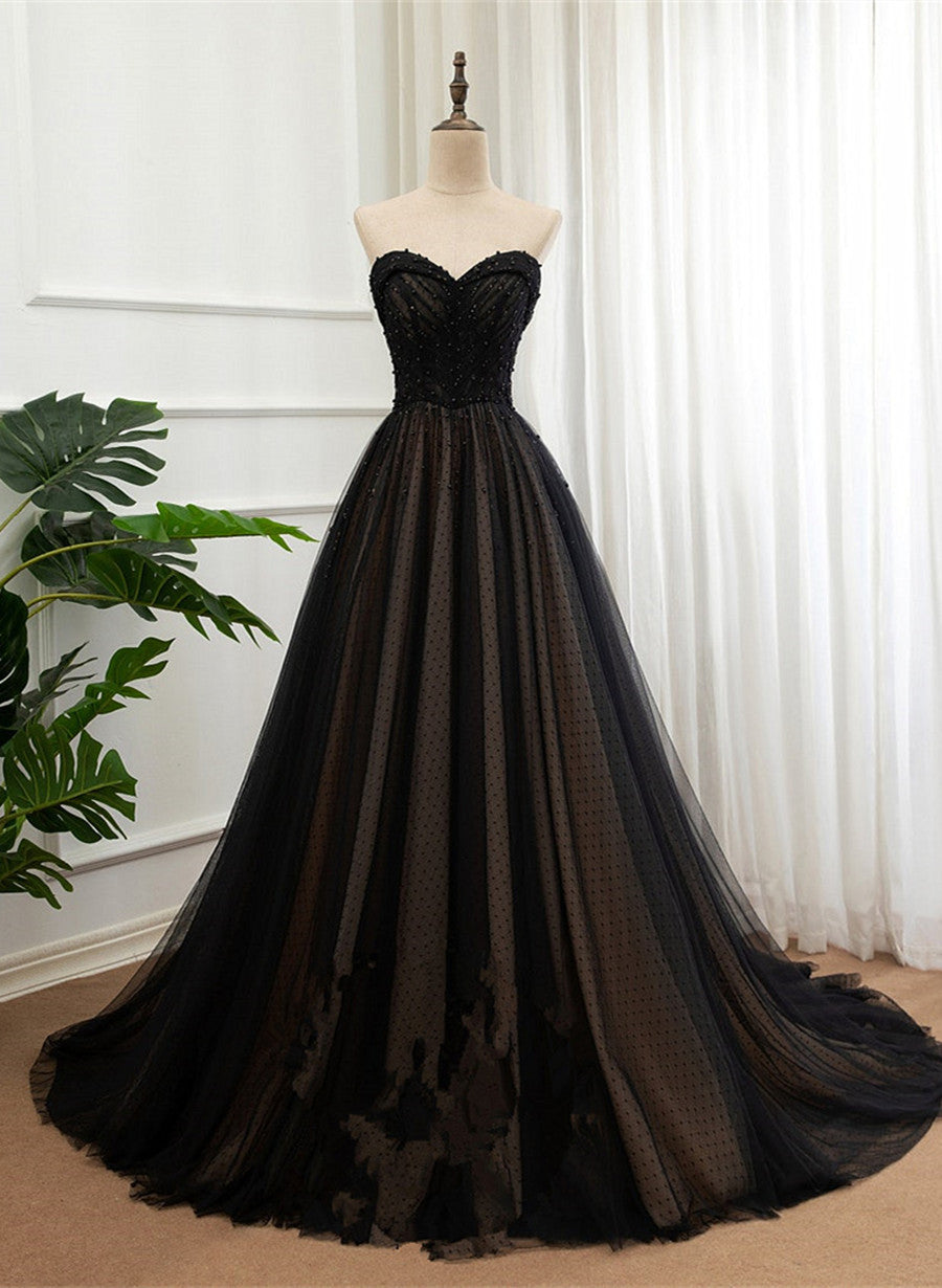 Black Tulle Sweetheart A-line Corset Formal Dress with Lace, Black Long Corset Prom Dress outfits, Dinner Outfit