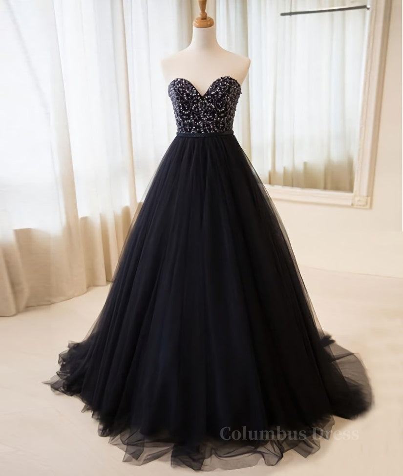 Black tulle sweetheart neck long Corset Prom dress, black evening dress outfit, Evening Dress Vintage