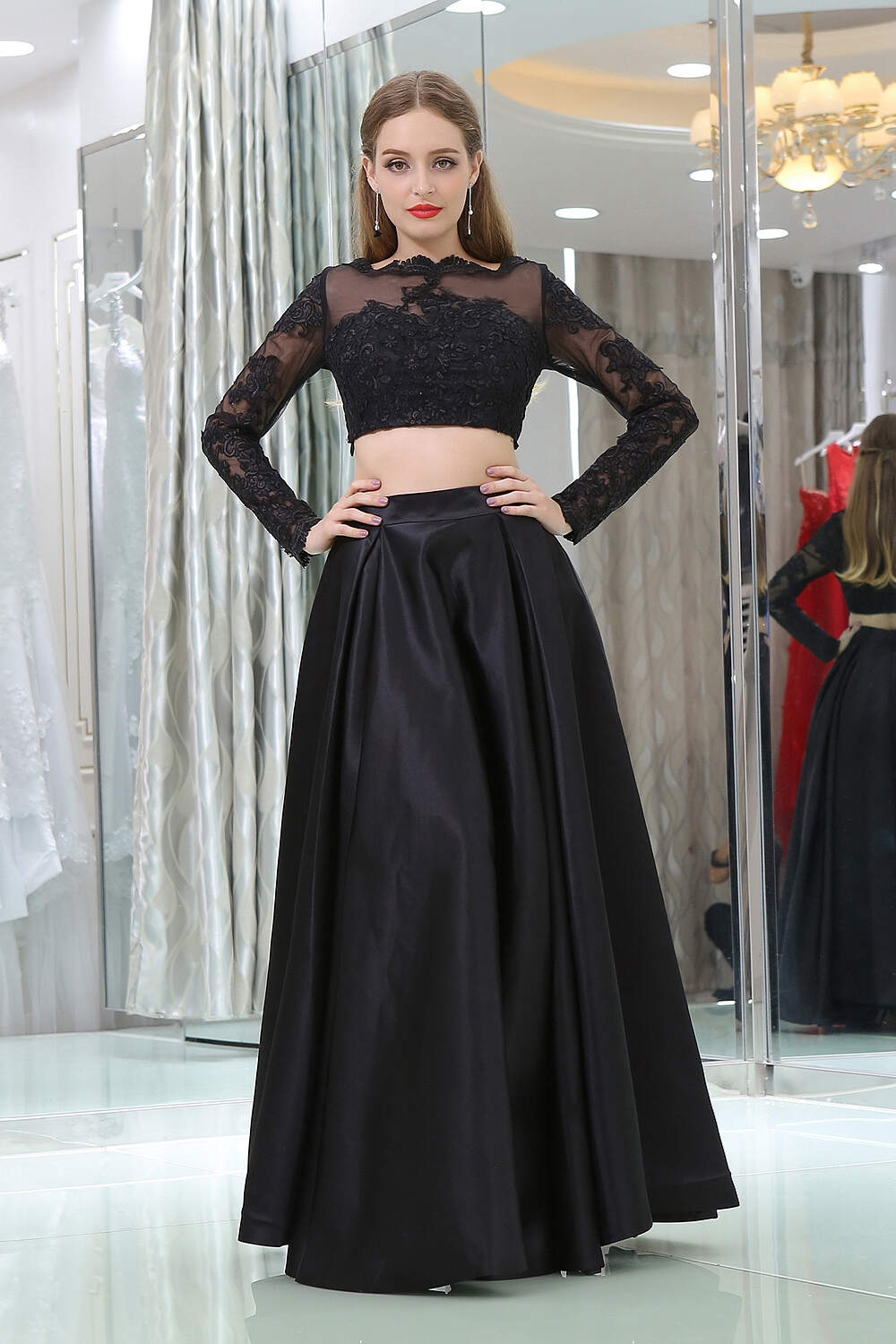 Black Two Piece Long Sleeve Floor Length Satin Corset Prom Dresses with Lace Outfits, Formal Dresses With Sleeves