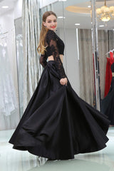 Black Two Piece Long Sleeve Floor Length Satin Corset Prom Dresses with Lace Outfits, Formal Dress Summer