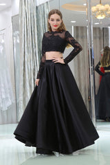 Black Two Piece Long Sleeve Floor Length Satin Corset Prom Dresses with Lace Outfits, Formal Dresses Summer