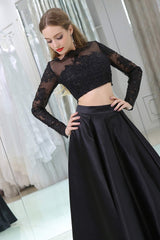 Black Two Piece Long Sleeve Floor Length Satin Corset Prom Dresses with Lace Outfits, Formal Dresses For Woman