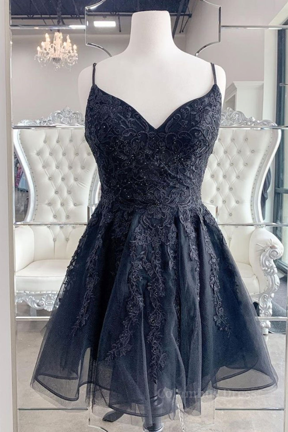 Black V Neck Backless Lace Short Corset Prom Dresses, Backless Black Lace Corset Homecoming Dresses, Black Lace Corset Formal Evening Dresses outfit, Party Dresses And Jumpsuits