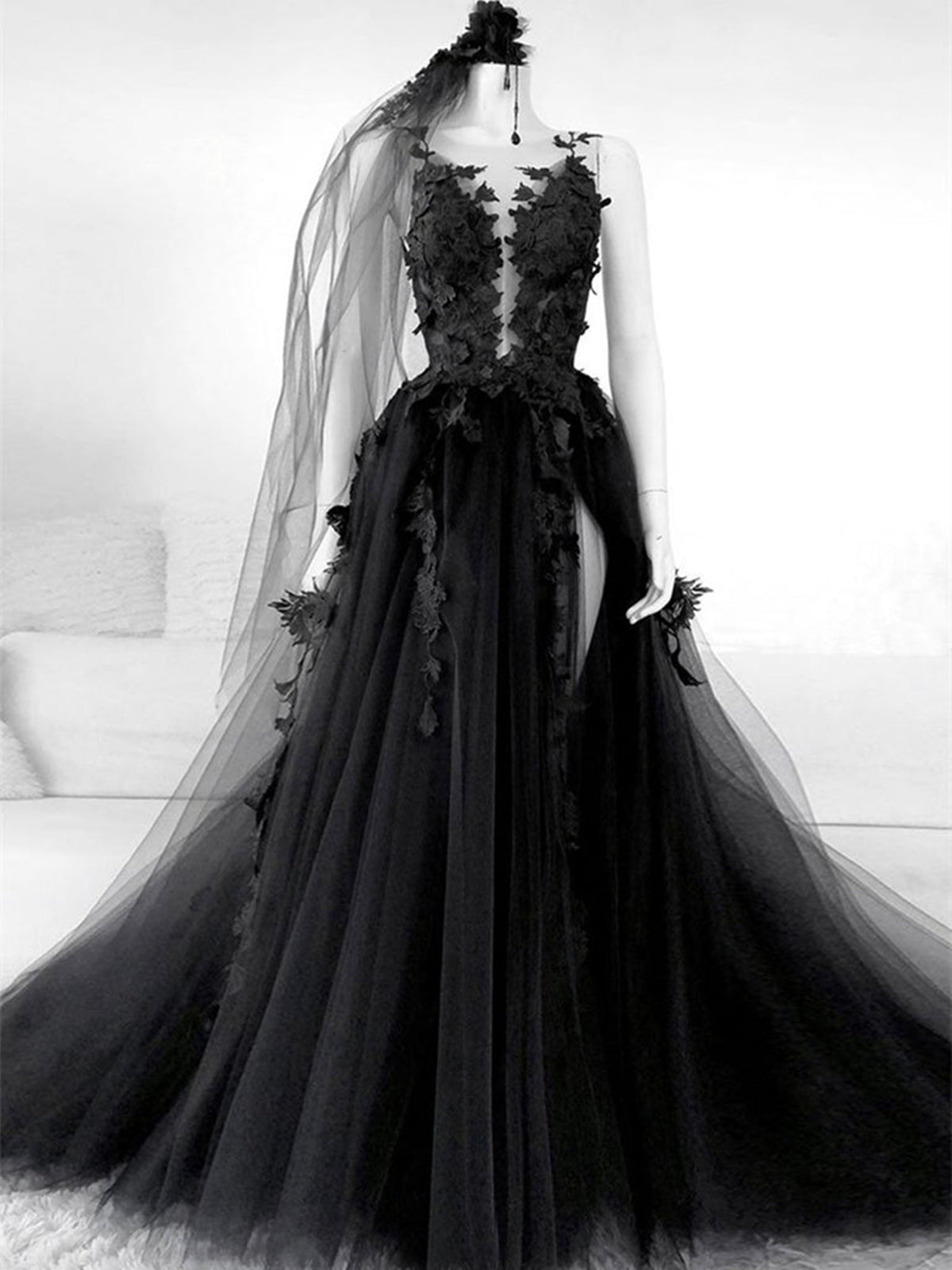 Black V Neck Backless Lace Corset Wedding Dresses,Open Back Black Bridal Gown outfit, Wedding Dresses Dresses