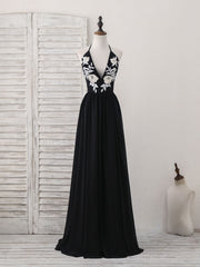 Black V Neck Chiffon Lace Long Corset Prom Dress Black Evening Dress outfit, Prom Dress Long Mermaid