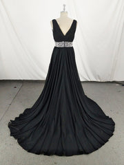 Black V Neck Chiffon Sequin Long Corset Prom Dress, Black Evening Dress outfit, Prom Dresses Patterned