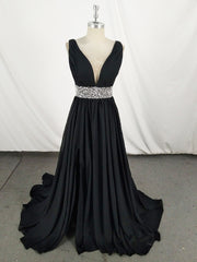 Black V Neck Chiffon Sequin Long Corset Prom Dress, Black Evening Dress outfit, Prom Dress Pattern