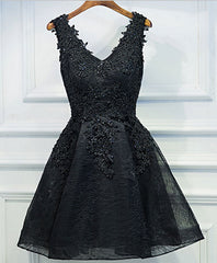 Black V Neck Lace Short Corset Prom Dress, Black Cute Corset Homecoming Dresses outfit, Homecoming Dresses Long