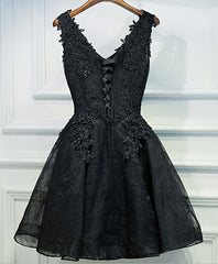 Black V Neck Lace Short Corset Prom Dress, Black Cute Corset Homecoming Dresses outfit, Homecoming Dress Short