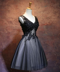 Black V Neck Lace Short Corset Prom Dress, Black Evening Dress outfit, Bridesmaid Dress Satin