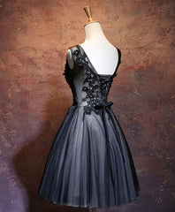 Black V Neck Lace Short Corset Prom Dress, Black Evening Dress outfit, Bridesmaid Dresses Satin