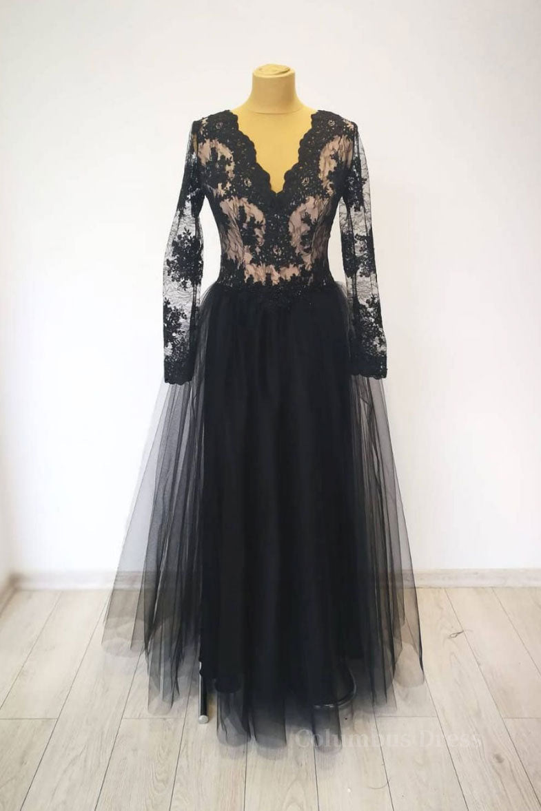 Black v neck lace tulle long evening dress black lace Corset Prom dress outfits, Prom Dress With Long Sleeves