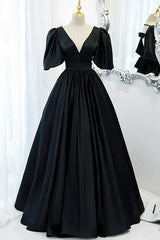 Black V-Neck Satin Long Corset Prom Dress, A-Line Short Sleeve Evening Dress outfit, Prom Dresses Black Girl