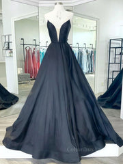 Black v neck satin long Corset Prom dress, black evening dress outfit, Prom Dresses Shorts