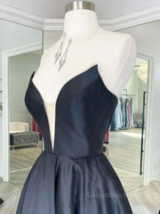 Black v neck satin long Corset Prom dress, black evening dress outfit, Prom Dresses Chiffon