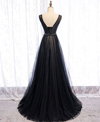 Black V Neck Tulle Lace Long Corset Prom Dress Black Evening Dress outfit, Prom Dresses Under 62