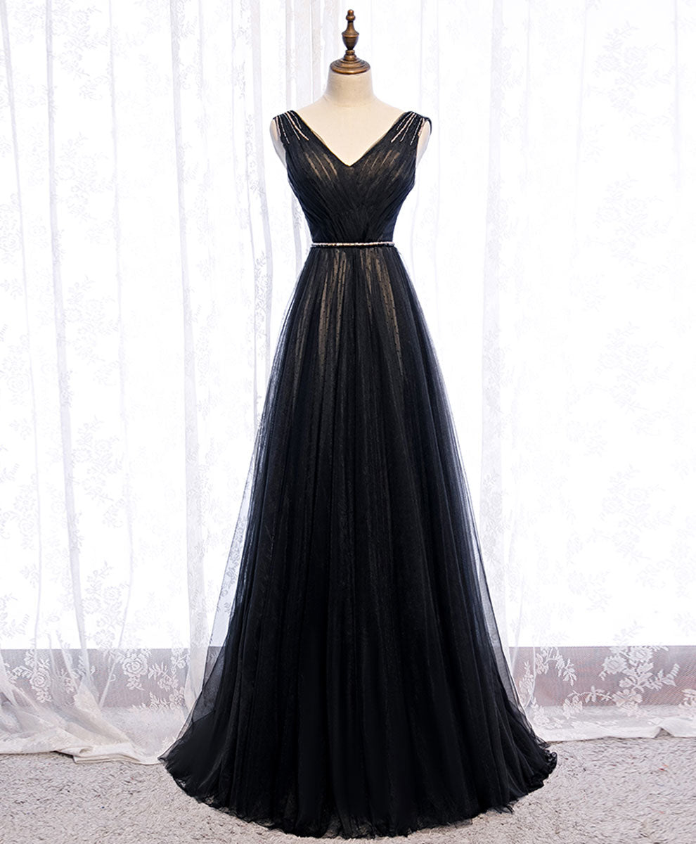 Black V Neck Tulle Lace Long Corset Prom Dress Black Evening Dress outfit, Prom Dresses Classy
