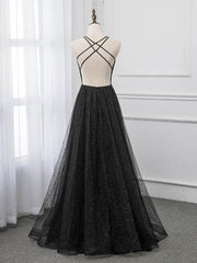 Black V-neckline Tulle and Satin Long Straps Cross Back Corset Prom Dress, Floor Length Evening Dress outfit, Bridesmaid Dresses Uk