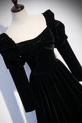 Black Velvet Long Sleeve Corset Prom Dress, A-Line Evening Party Dress Outfits, Bridesmaid Dress Wedding