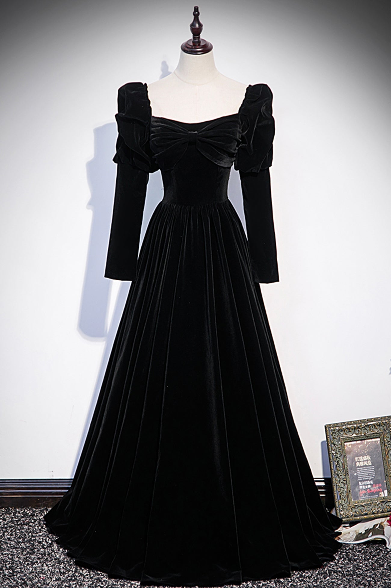 Black Velvet Long Sleeve Corset Prom Dress, A-Line Evening Party Dress Outfits, Bridesmaid Dresses Blue