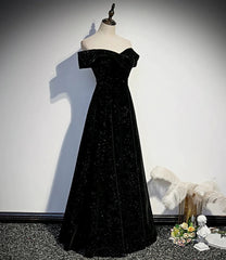 Black Velvet Off Shoulder Long Party Dress, Black Simple Corset Prom Dress outfits, Sun Dress