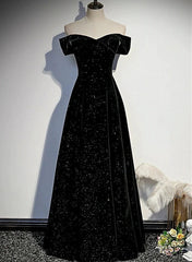 Black Velvet Off Shoulder Long Party Dress, Black Simple Corset Prom Dress outfits, Gown Dress