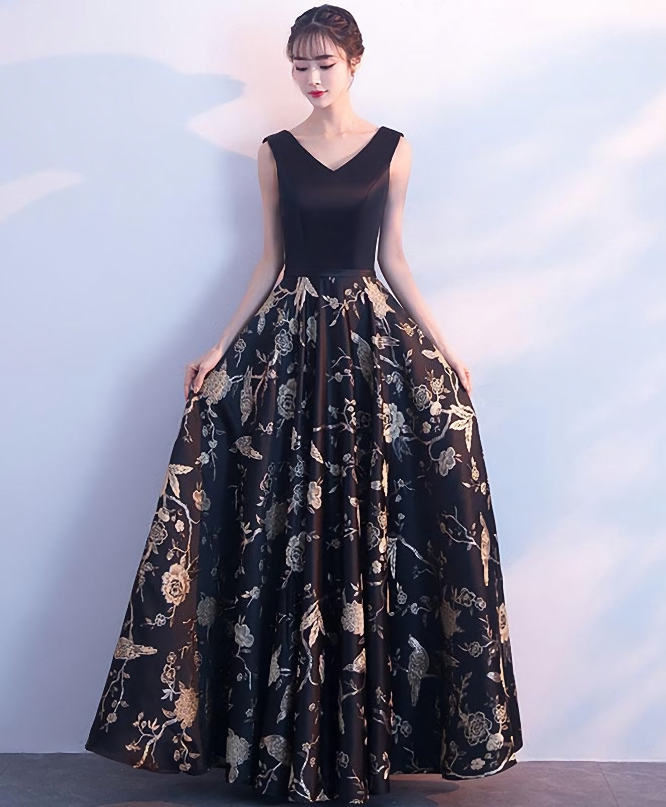 Black V Neck Floral Pattern Long Corset Prom Dress, Evening Dress outfit, Prom Dresses 2041