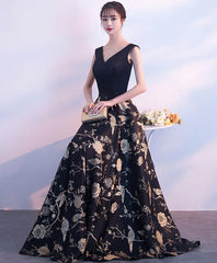 Black V Neck Floral Pattern Long Corset Prom Dress, Evening Dress outfit, Prom Dresses Casual