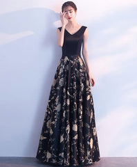 Black V Neck Floral Pattern Long Corset Prom Dress, Evening Dress outfit, Prom Dress Elegant