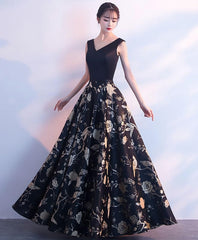 Black V Neck Floral Pattern Long Corset Prom Dress, Evening Dress outfit, Prom Dresses Outfits