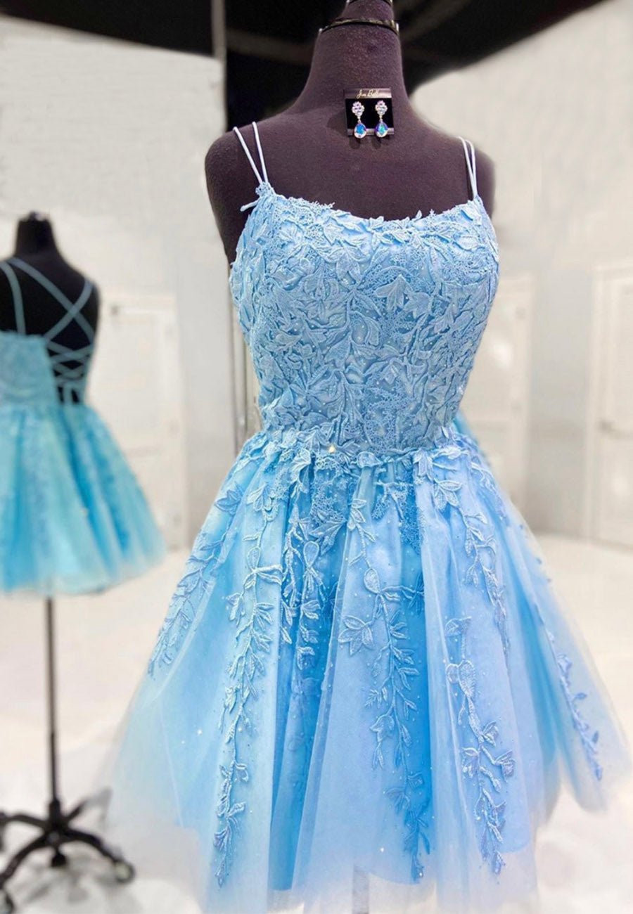 Blue Tulle Short Corset Prom Dresses, A-Line Lace Evening Dresses outfit, Winter Dress