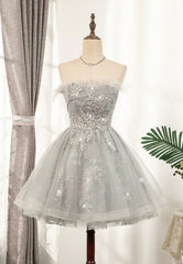 Gray Strapless Feather Short Corset Prom Dresses, Cute Party Dresses outfit, Prom Dress For Sale