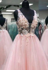 Pink V-Neck Tulle Long Corset Prom Dresses, A Line Evening Dresses outfit, Fall Wedding